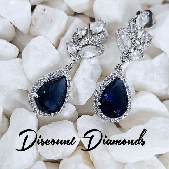 Blue Sapphire & White Baguette Diamond Drop Stud Earrings 925  Silver - Women's - Picture 4 of 9
